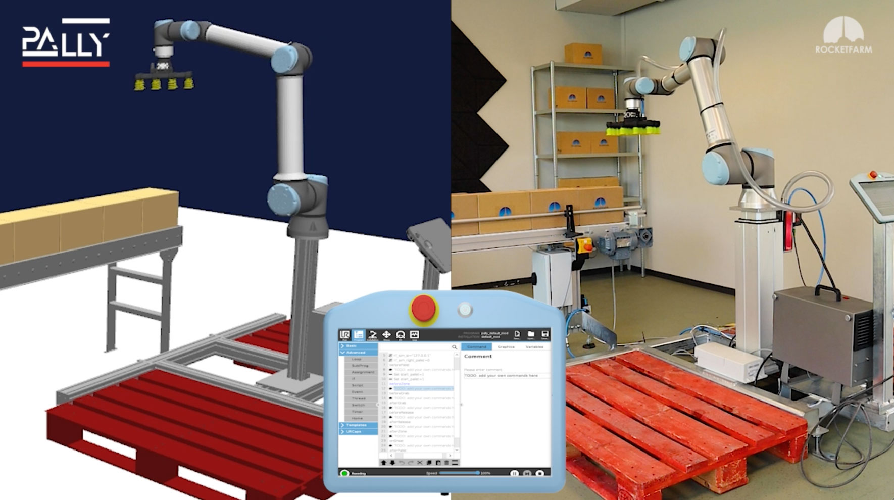 Video of simulation versus the real palletizing solution using the Pally URCap